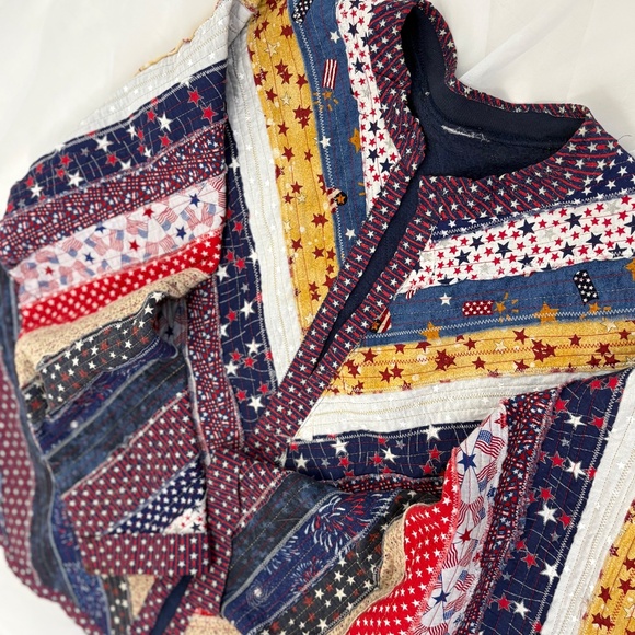 VTG Patriotic Quilt Patchwork Jacket Red White Blue Stars Stripes Cottagecore - Picture 5 of 7